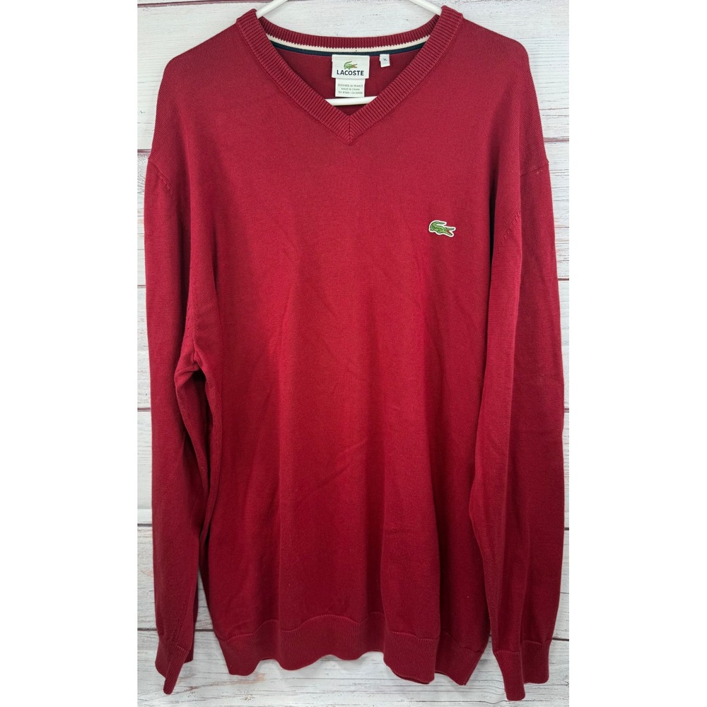 Lacoste Mens V-Neck Sweater Burgundy Red Knit Crocodile‎ Logo Pullover Size 7L